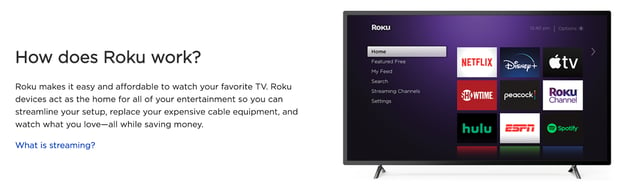 Roku TV web page showing Roku UX and how the product easily works.